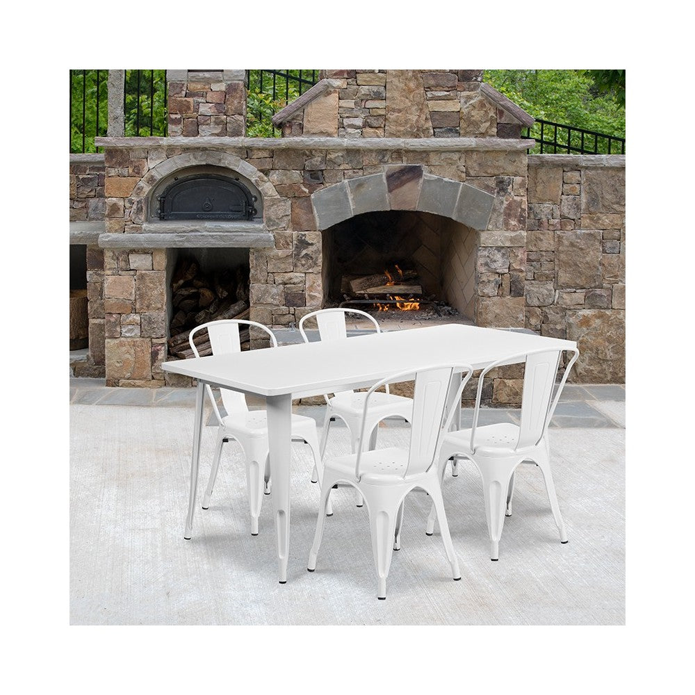 Commercial Grade 31.5" x 63" Rectangular White Metal Indoor-Outdoor Table Set with 4 Stack Chairs