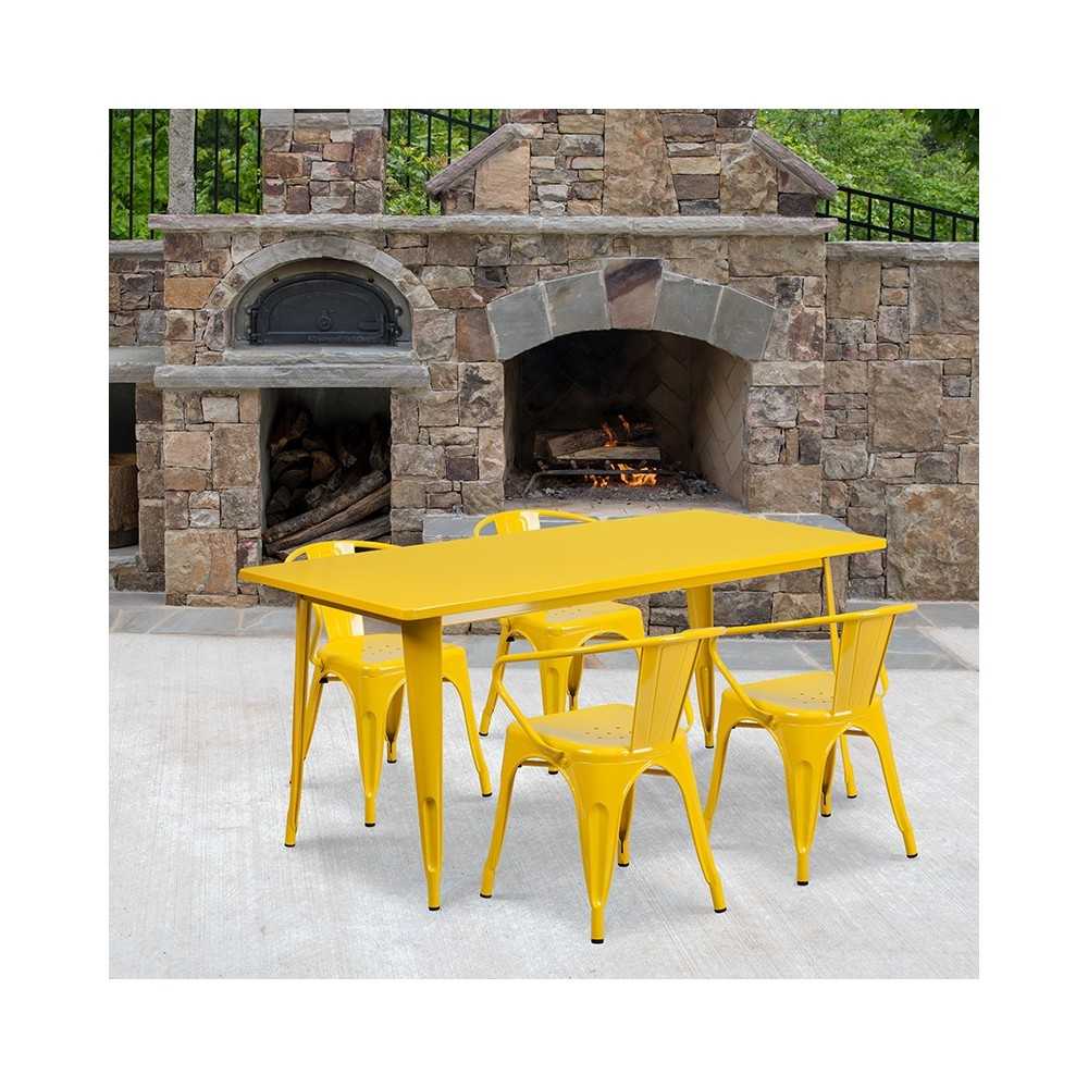 Commercial Grade 31.5" x 63" Rectangular Yellow Metal Indoor-Outdoor Table Set with 4 Arm Chairs