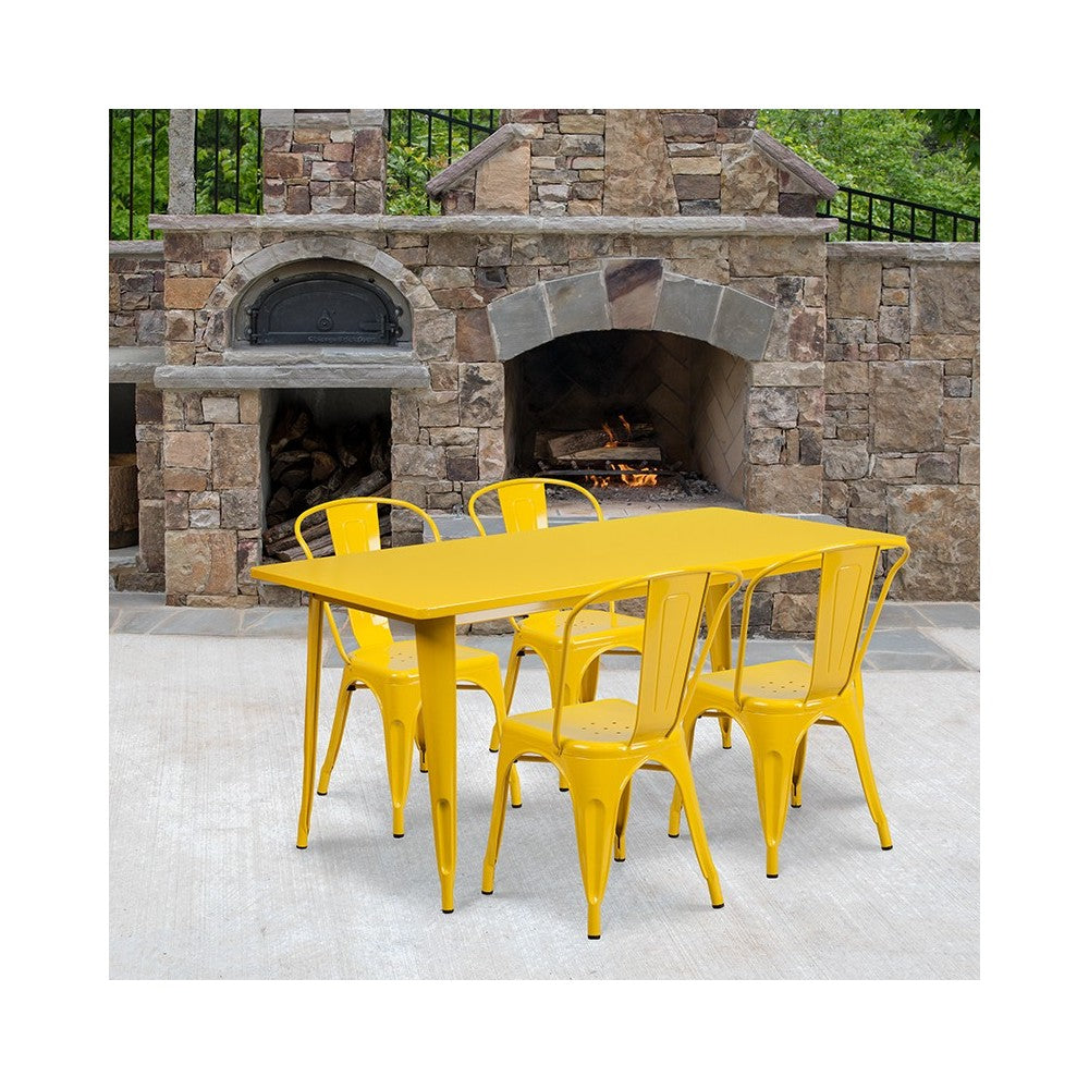 Commercial Grade 31.5" x 63" Rectangular Yellow Metal Indoor-Outdoor Table Set with 4 Stack Chairs
