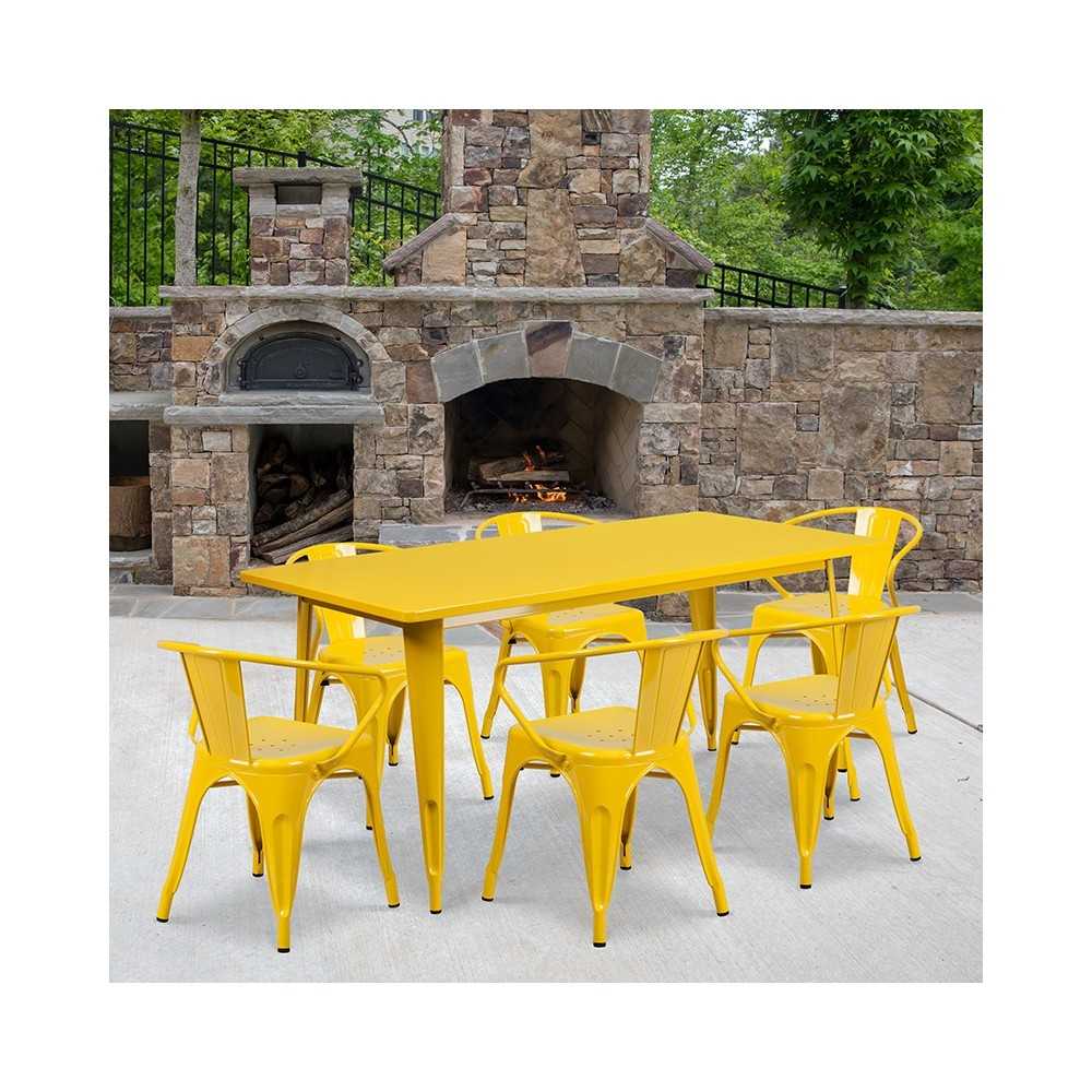 Commercial Grade 31.5" x 63" Rectangular Yellow Metal Indoor-Outdoor Table Set with 6 Arm Chairs