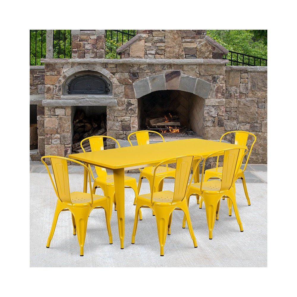 Commercial Grade 31.5" x 63" Rectangular Yellow Metal Indoor-Outdoor Table Set with 6 Stack Chairs