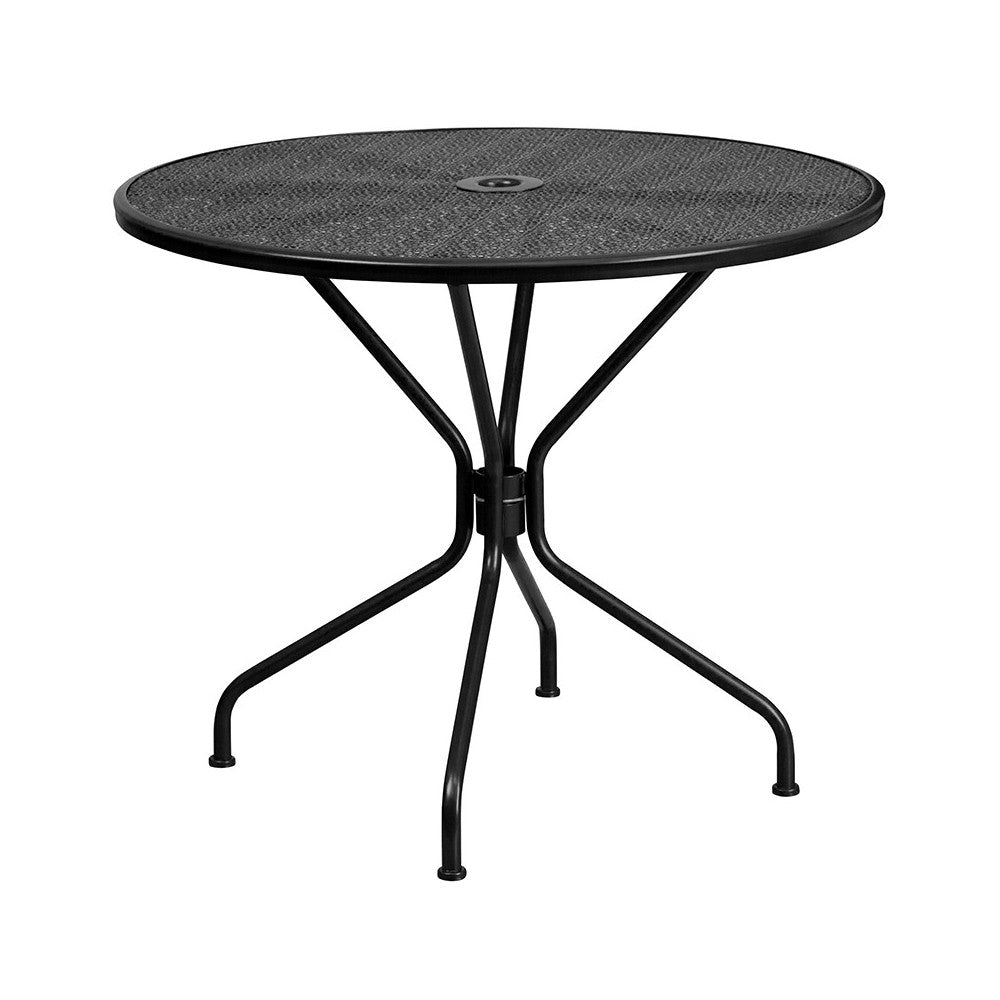 Commercial Grade 35.25" Round Black Indoor-Outdoor Steel Patio Table Set with 2 Square Back Chairs