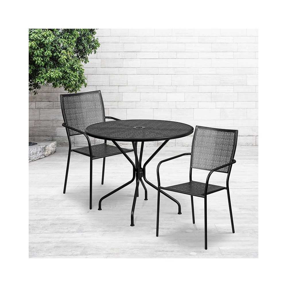 Commercial Grade 35.25" Round Black Indoor-Outdoor Steel Patio Table Set with 2 Square Back Chairs