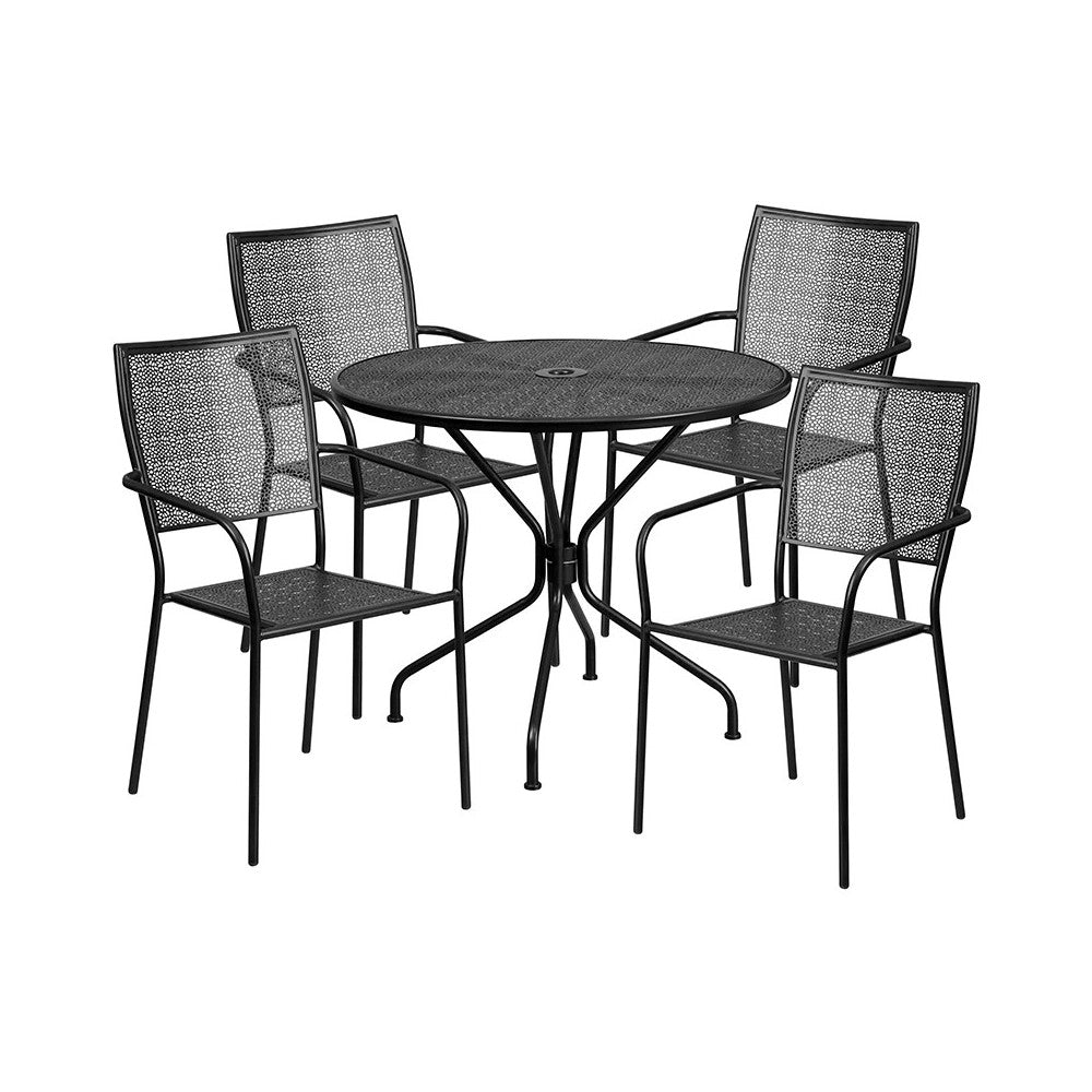 Commercial Grade 35.25" Round Black Indoor-Outdoor Steel Patio Table Set with 4 Square Back Chairs