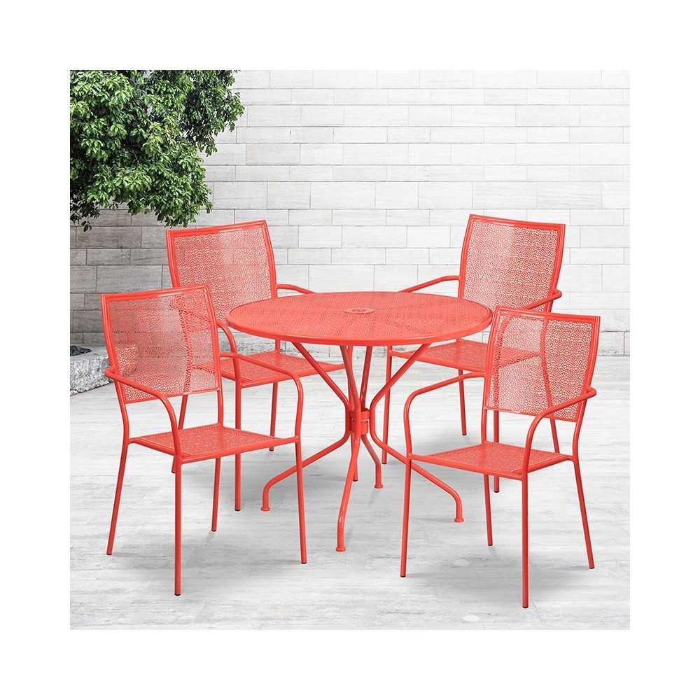 Commercial Grade 35.25" Round Coral Indoor-Outdoor Steel Patio Table Set with 4 Square Back Chairs