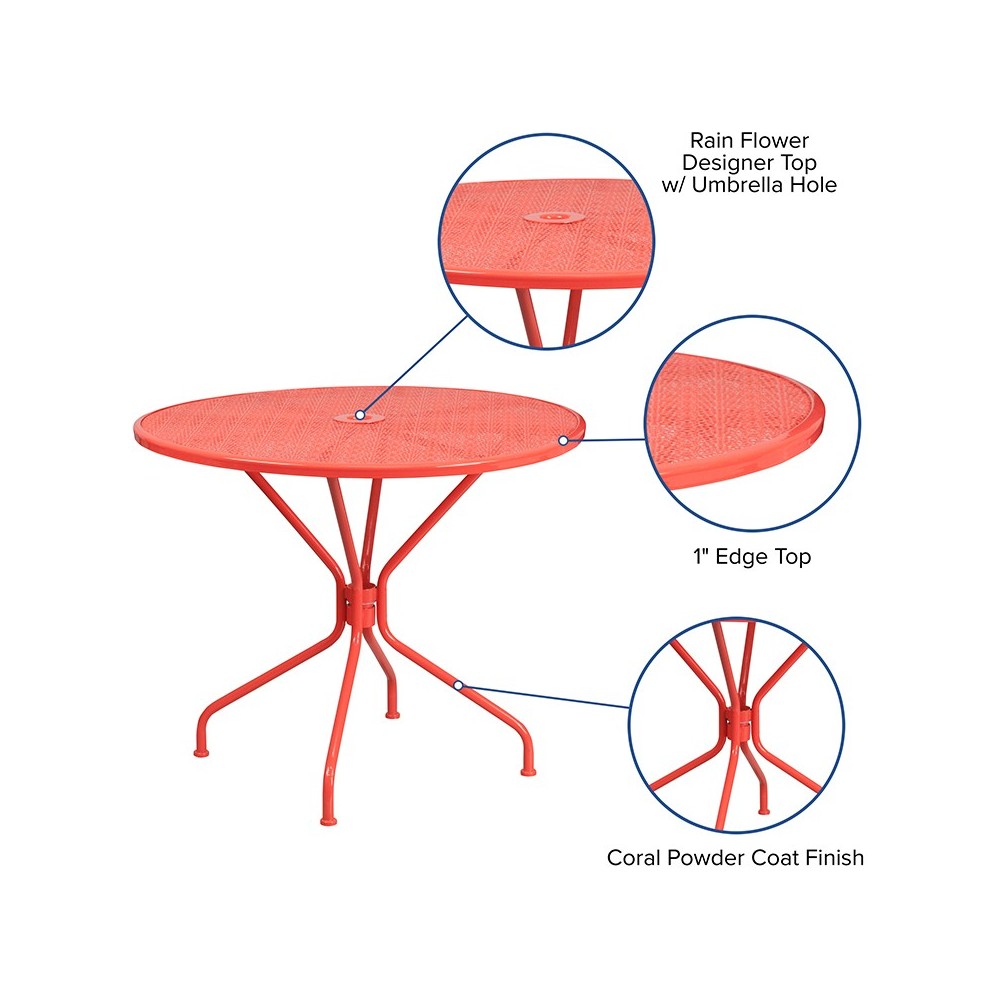 Commercial Grade 35.25" Round Coral Indoor-Outdoor Steel Patio Table