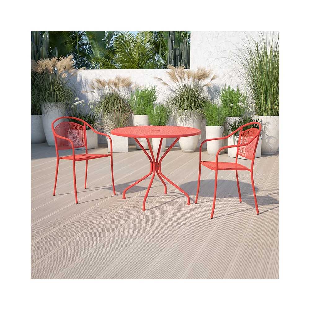 Commercial Grade 35.25" Round Coral Indoor-Outdoor Steel Patio Table