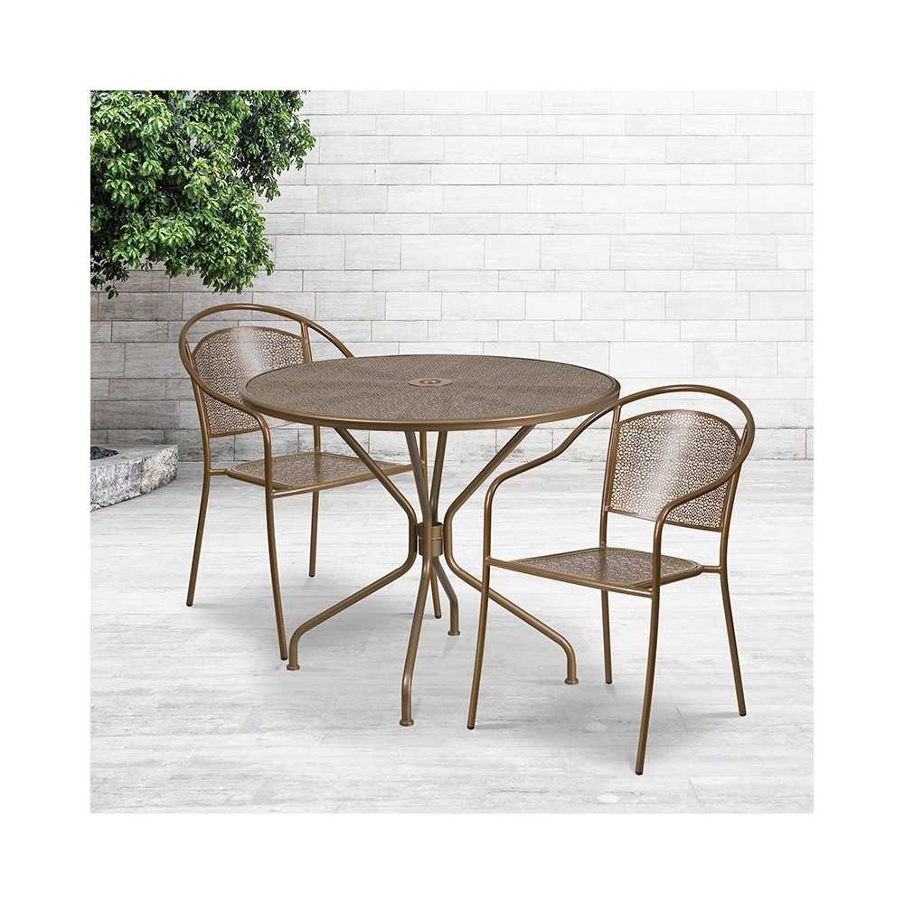 Commercial Grade 35.25" Round Gold Indoor-Outdoor Steel Patio Table Set with 2 Round Back Chairs