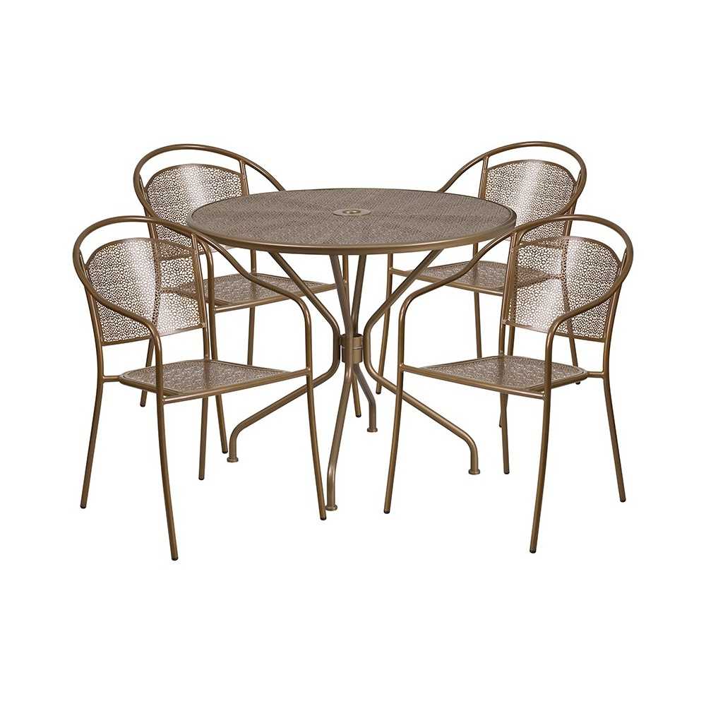 Commercial Grade 35.25" Round Gold Indoor-Outdoor Steel Patio Table Set with 4 Round Back Chairs