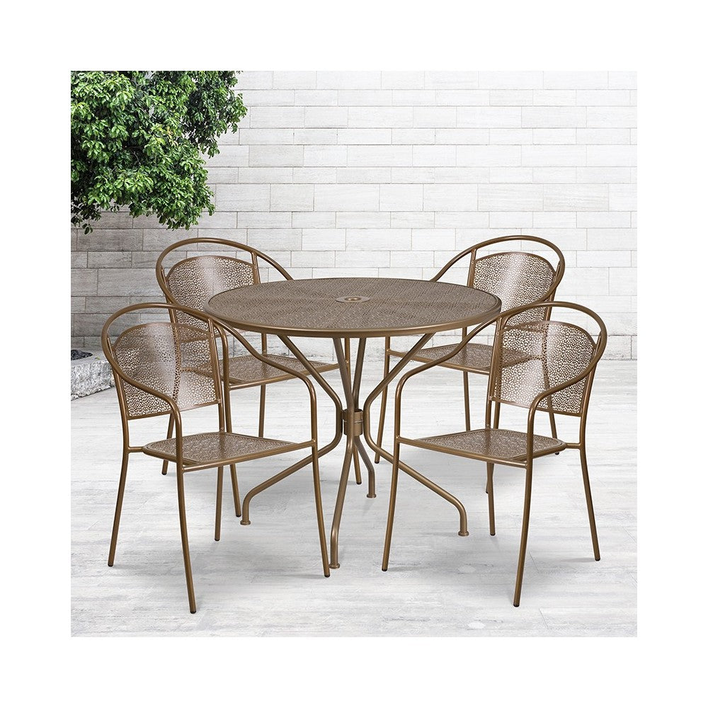 Commercial Grade 35.25" Round Gold Indoor-Outdoor Steel Patio Table Set with 4 Round Back Chairs