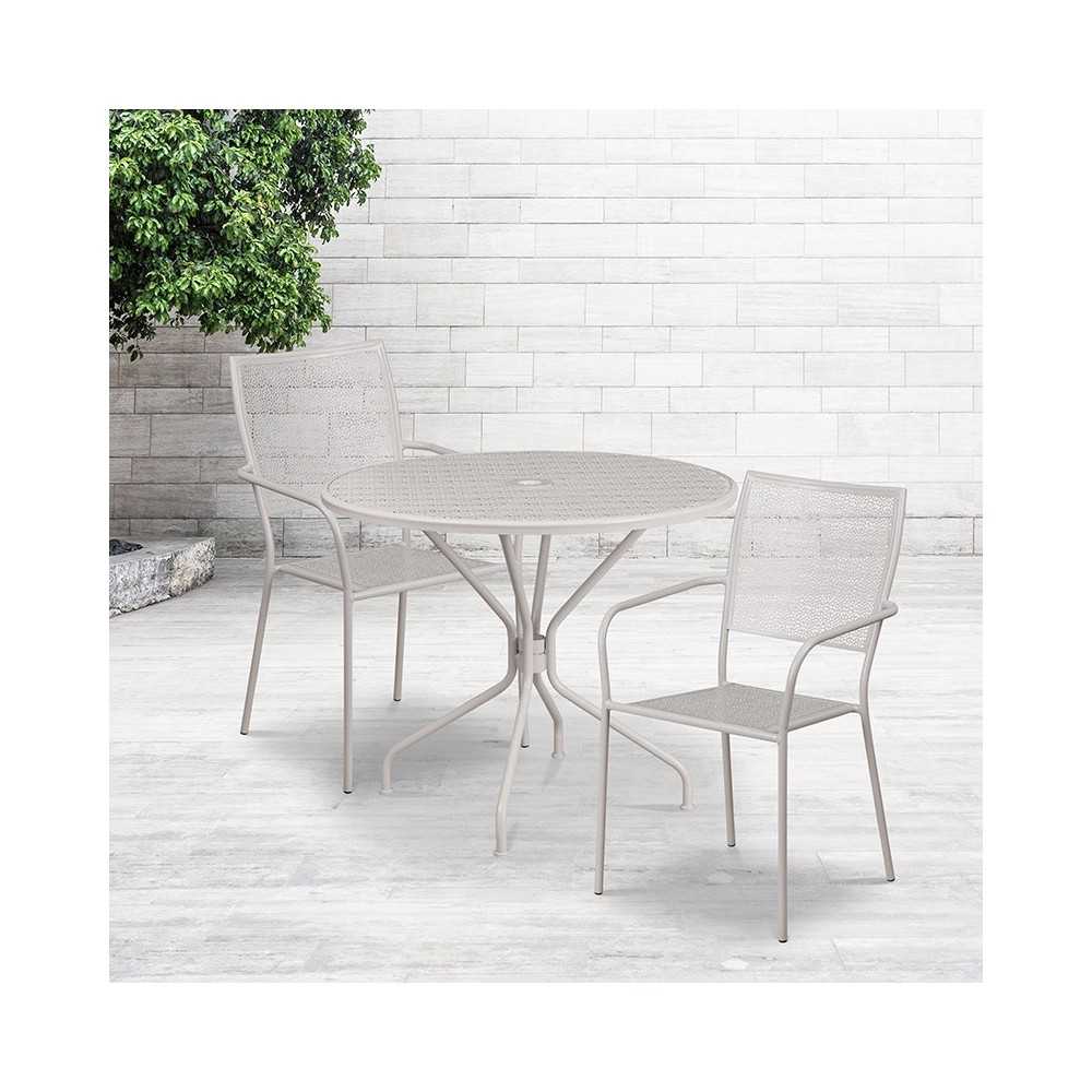 Commercial Grade 35.25" Round Light Gray Indoor-Outdoor Steel Patio Table Set with 2 Square Back Chairs