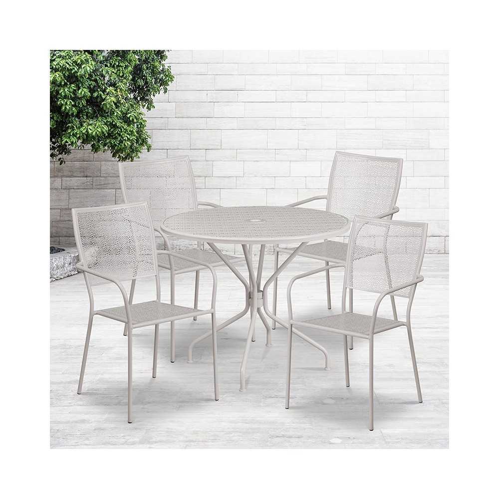 Commercial Grade 35.25" Round Light Gray Indoor-Outdoor Steel Patio Table Set with 4 Square Back Chairs
