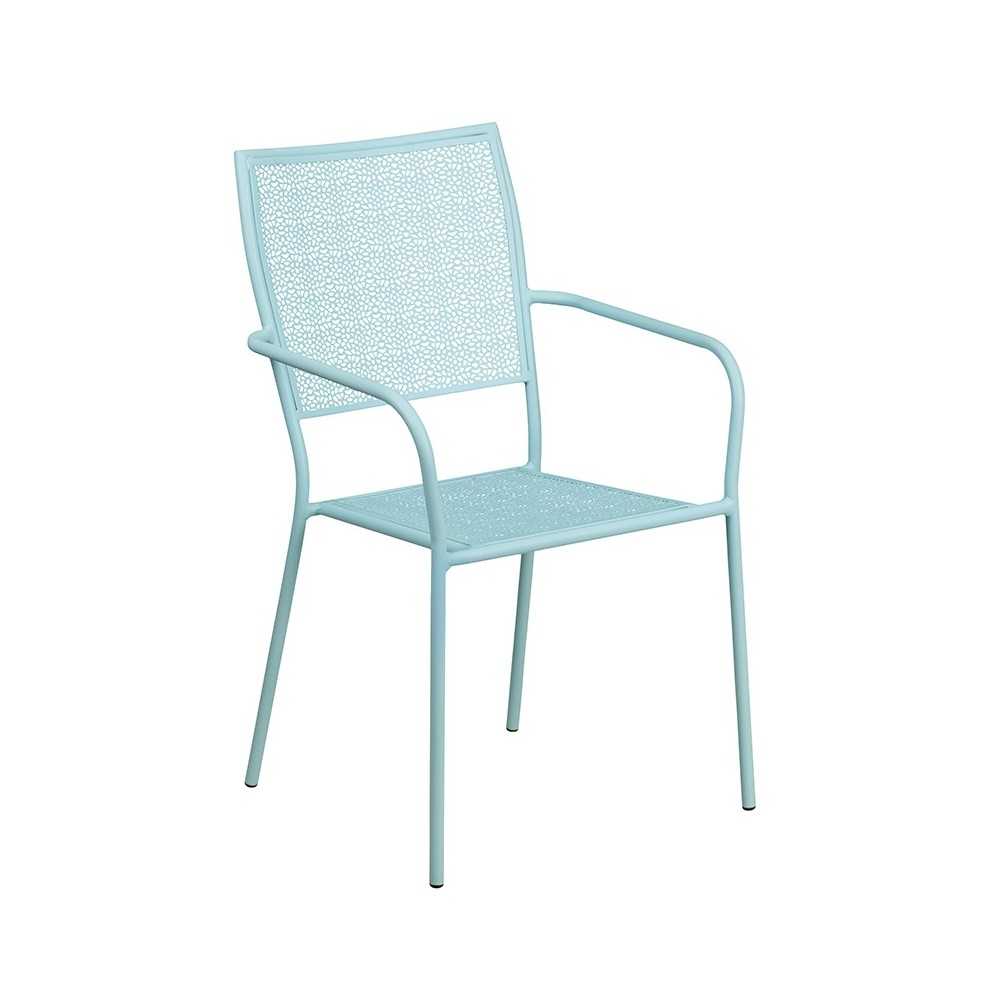 Commercial Grade 35.25" Round Sky Blue Indoor-Outdoor Steel Patio Table Set with 2 Square Back Chairs