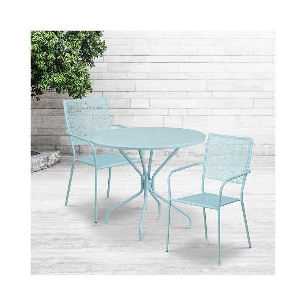 Commercial Grade 35.25" Round Sky Blue Indoor-Outdoor Steel Patio Table Set with 2 Square Back Chairs