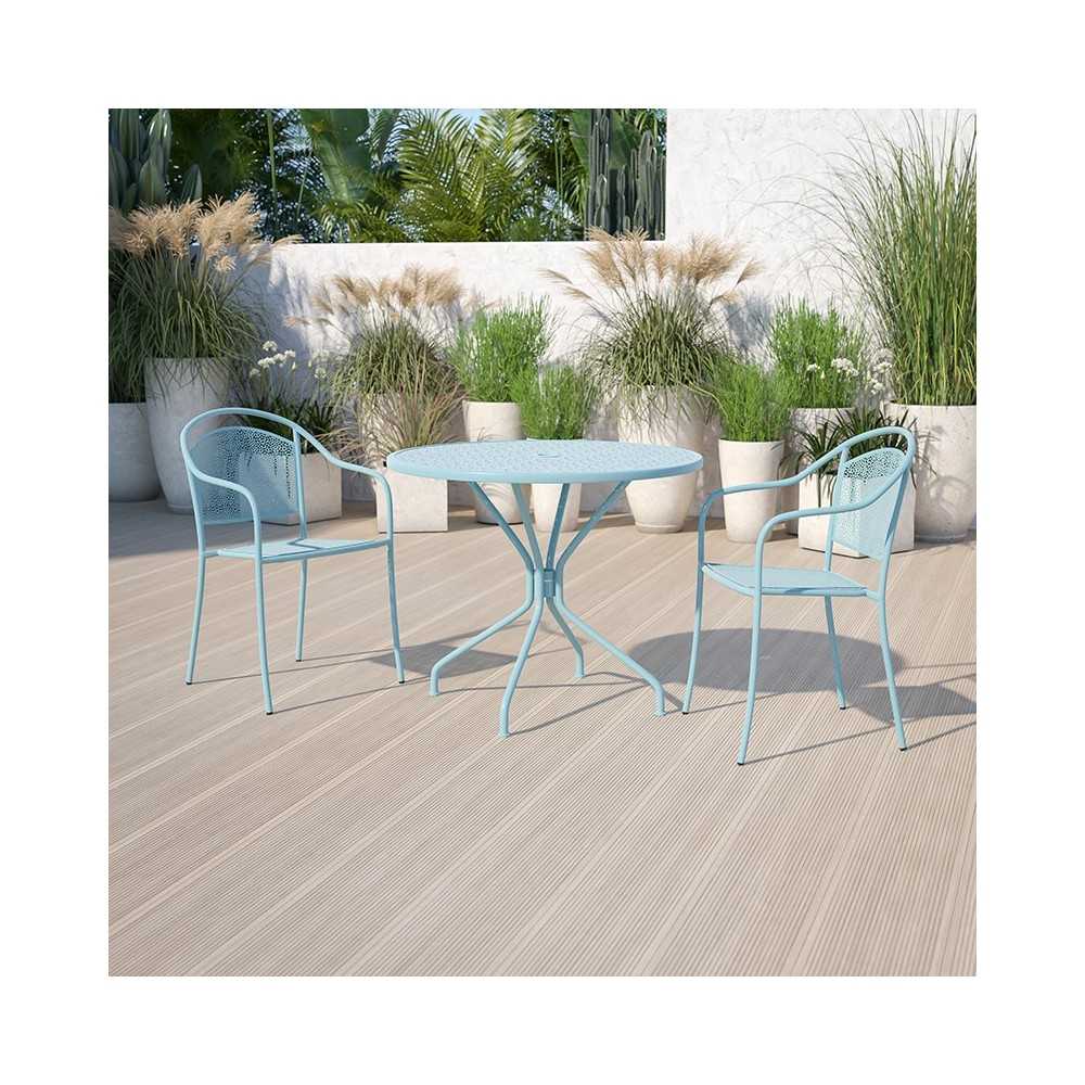 Commercial Grade 35.25" Round Sky Blue Indoor-Outdoor Steel Patio Table
