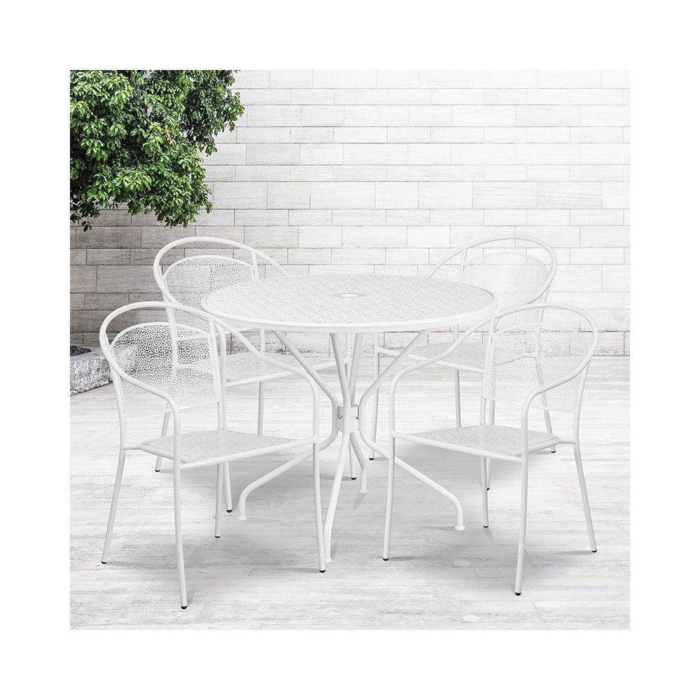 Commercial Grade 35.25" Round White Indoor-Outdoor Steel Patio Table Set with 4 Round Back Chairs