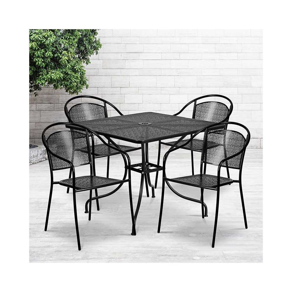 Commercial Grade 35.5" Square Black Indoor-Outdoor Steel Patio Table Set with 4 Round Back Chairs