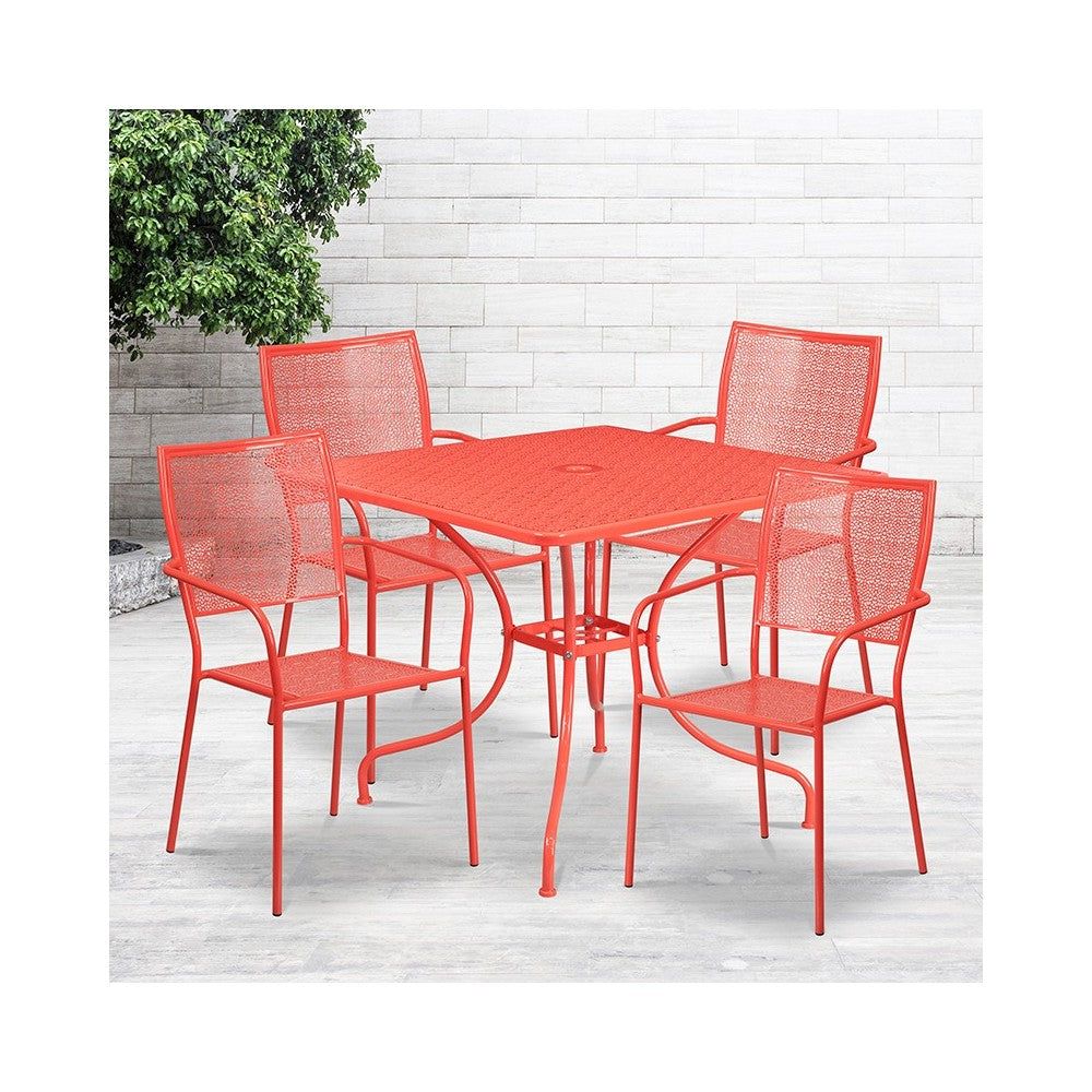 Commercial Grade 35.5" Square Coral Indoor-Outdoor Steel Patio Table Set with 4 Square Back Chairs