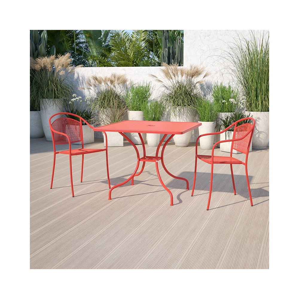 Commercial Grade 35.5" Square Coral Indoor-Outdoor Steel Patio Table