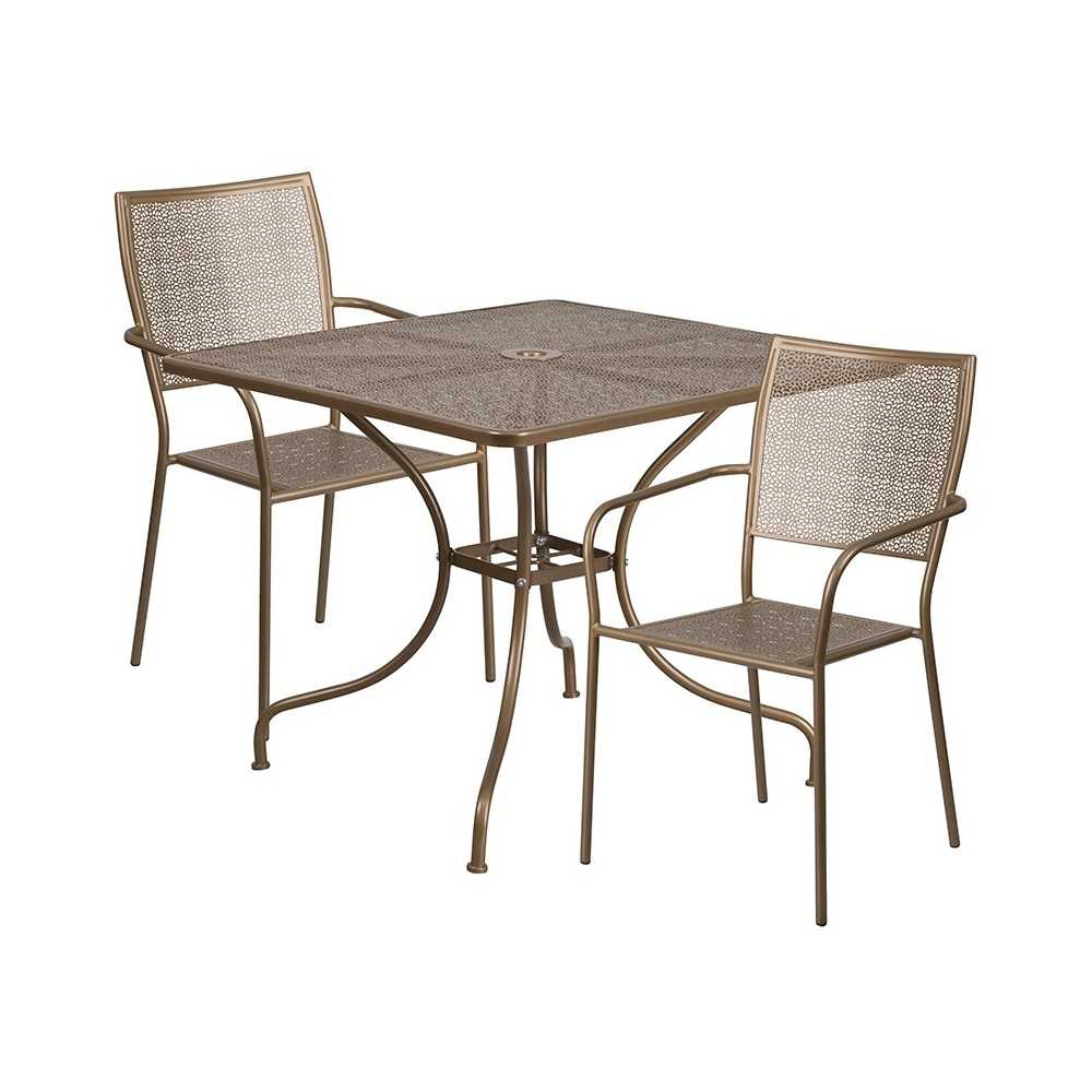 Commercial Grade 35.5" Square Gold Indoor-Outdoor Steel Patio Table Set with 2 Square Back Chairs