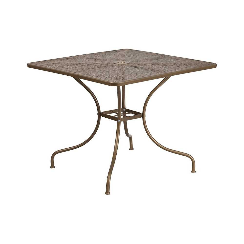 Commercial Grade 35.5" Square Gold Indoor-Outdoor Steel Patio Table Set with 2 Square Back Chairs