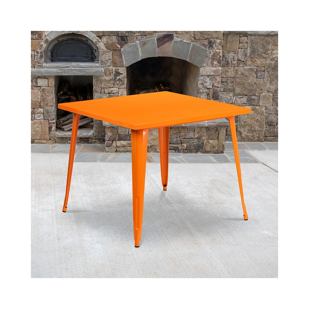 Commercial Grade 35.5" Square Orange Metal Indoor-Outdoor Table