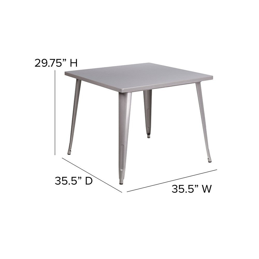 Commercial Grade 35.5" Square Silver Metal Indoor-Outdoor Table