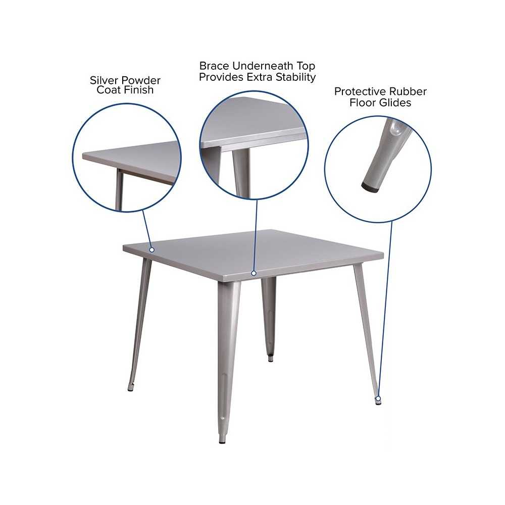 Commercial Grade 35.5" Square Silver Metal Indoor-Outdoor Table