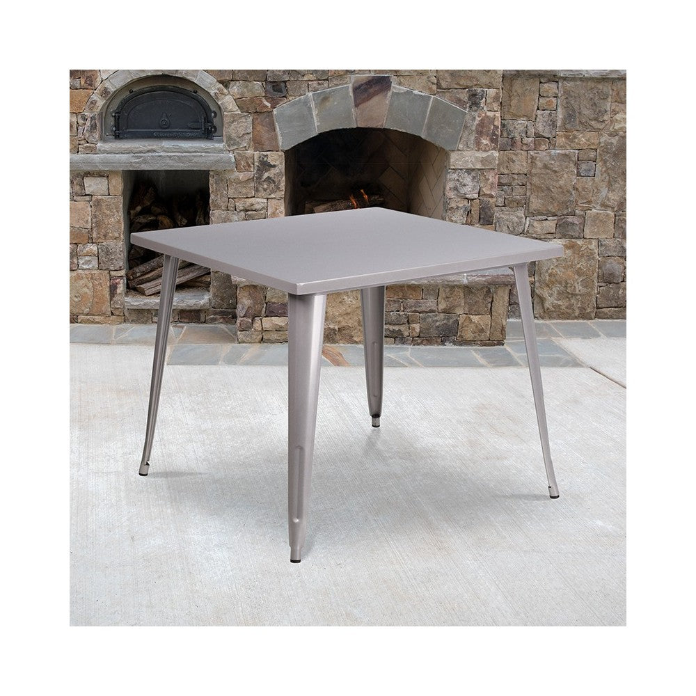 Commercial Grade 35.5" Square Silver Metal Indoor-Outdoor Table