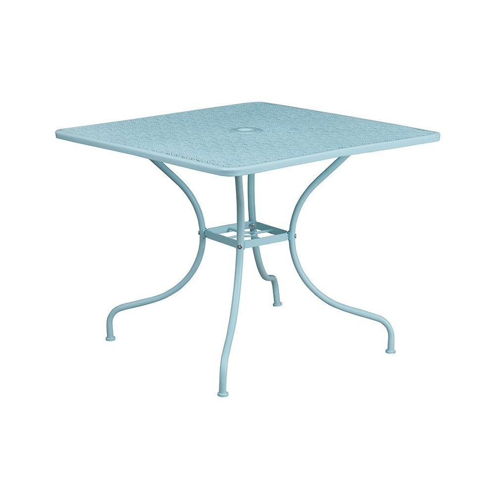 Commercial Grade 35.5" Square Sky Blue Indoor-Outdoor Steel Patio Table Set with 2 Round Back Chairs