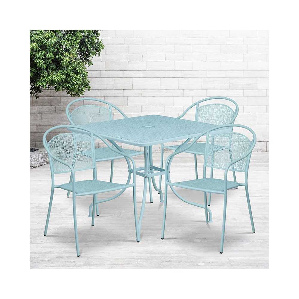Commercial Grade 35.5" Square Sky Blue Indoor-Outdoor Steel Patio Table Set with 4 Round Back Chairs
