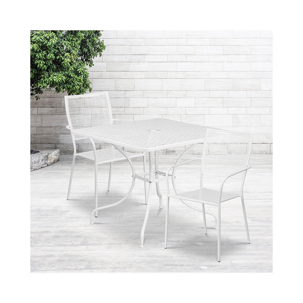 Commercial Grade 35.5" Square White Indoor-Outdoor Steel Patio Table Set with 2 Square Back Chairs