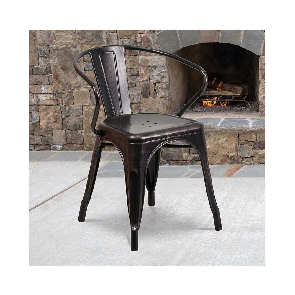 Commercial Grade Black-Antique Gold Metal Indoor-Outdoor Chair with Arms