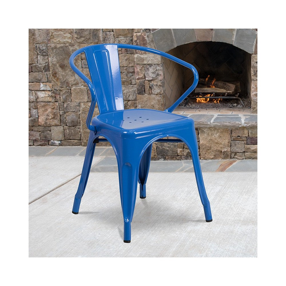Commercial Grade Blue Metal Indoor-Outdoor Chair with Arms