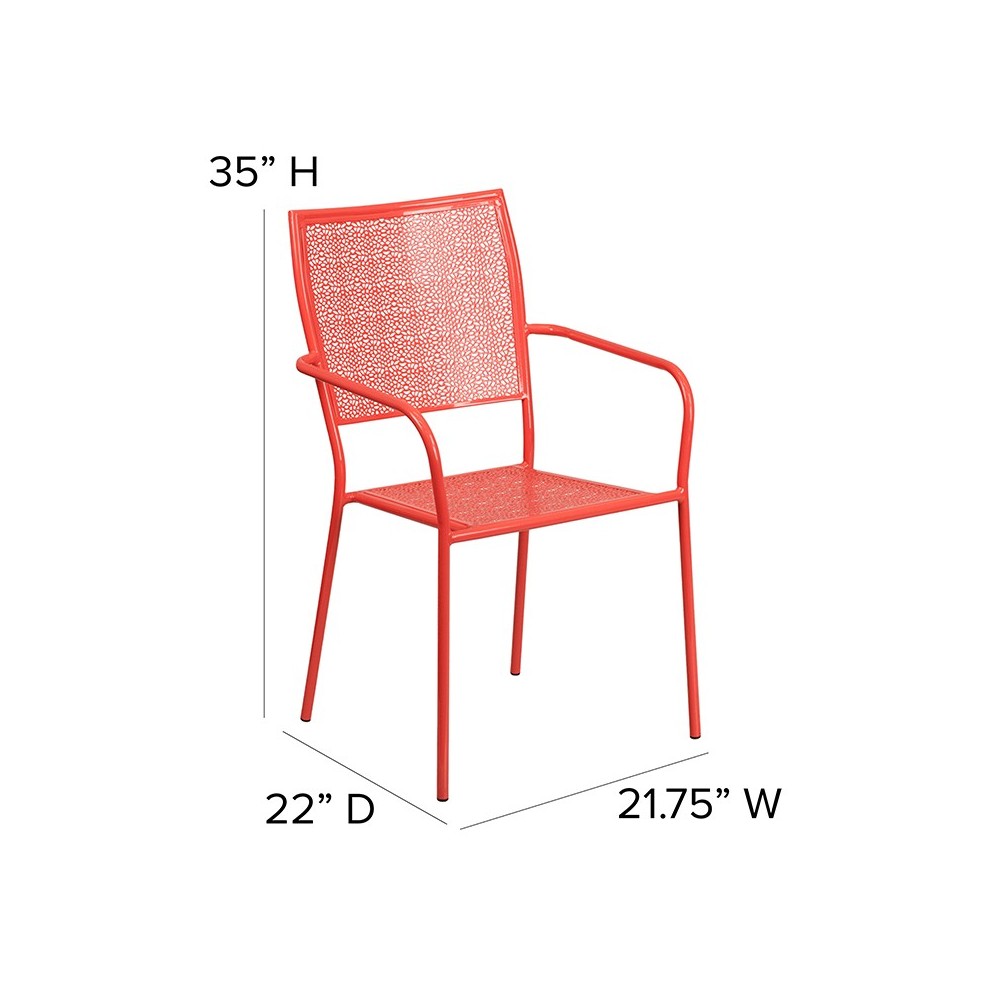 Commercial Grade Coral Indoor-Outdoor Steel Patio Arm Chair with Square Back