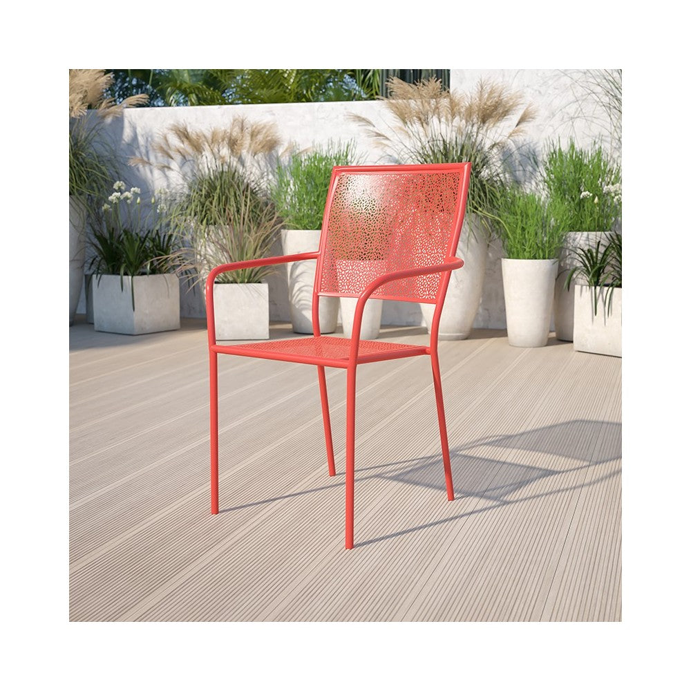 Commercial Grade Coral Indoor-Outdoor Steel Patio Arm Chair with Square Back