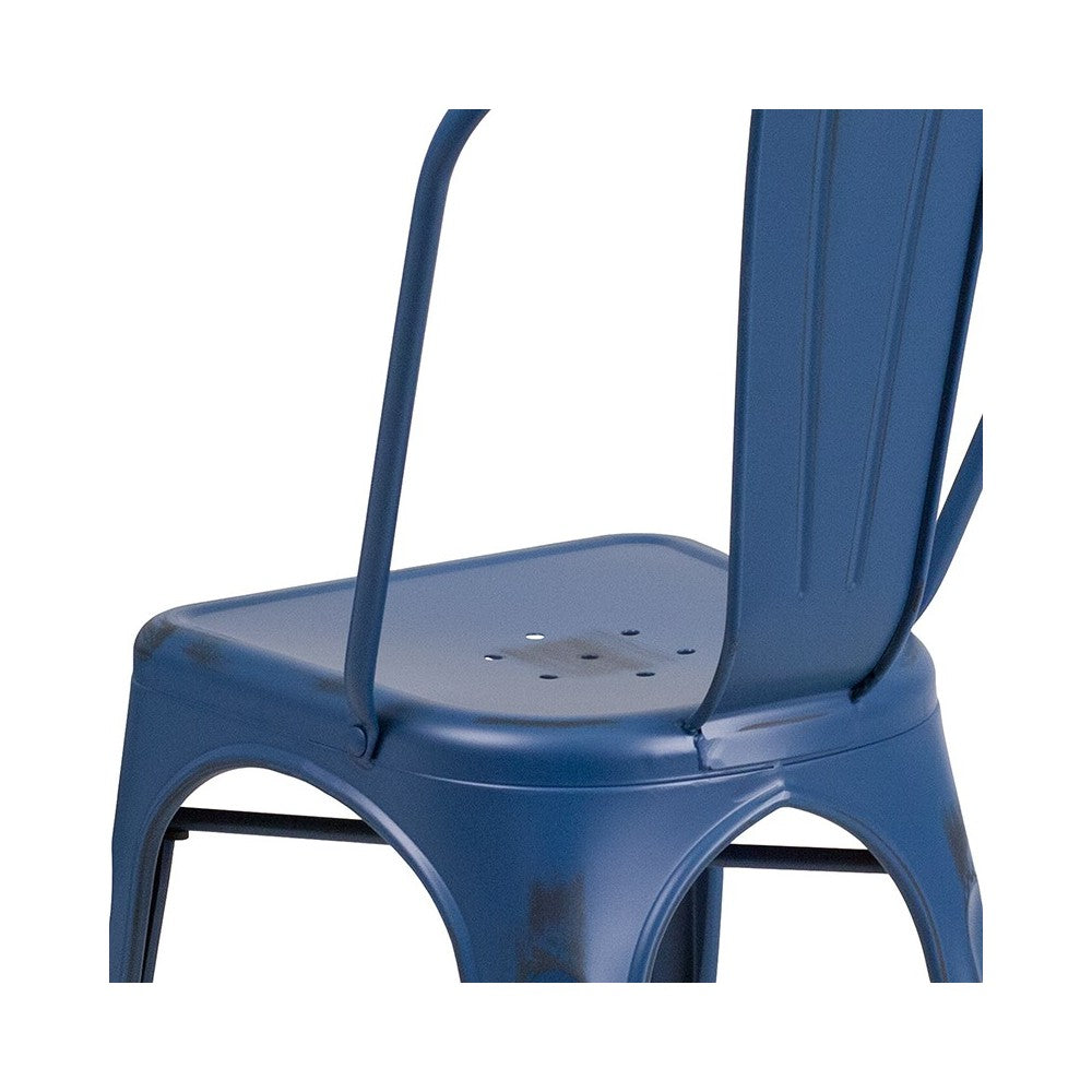 Commercial Grade Distressed Antique Blue Metal Indoor-Outdoor Stackable Chair