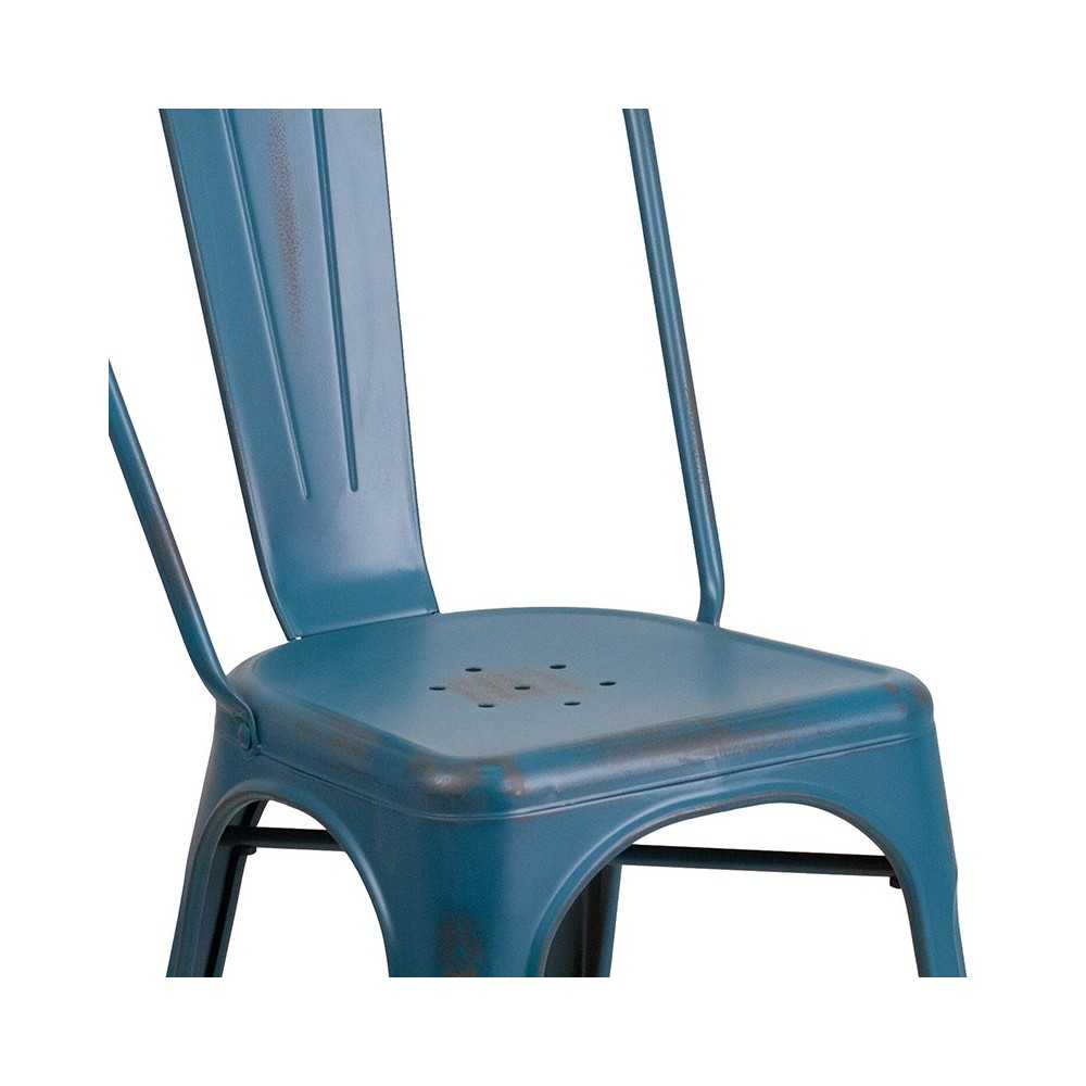 Commercial Grade Distressed Antique Blue Metal Indoor-Outdoor Stackable Chair