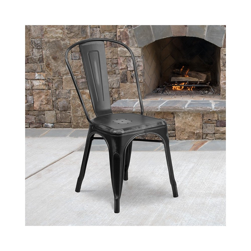 Commercial Grade Distressed Black Metal Indoor-Outdoor Stackable Chair