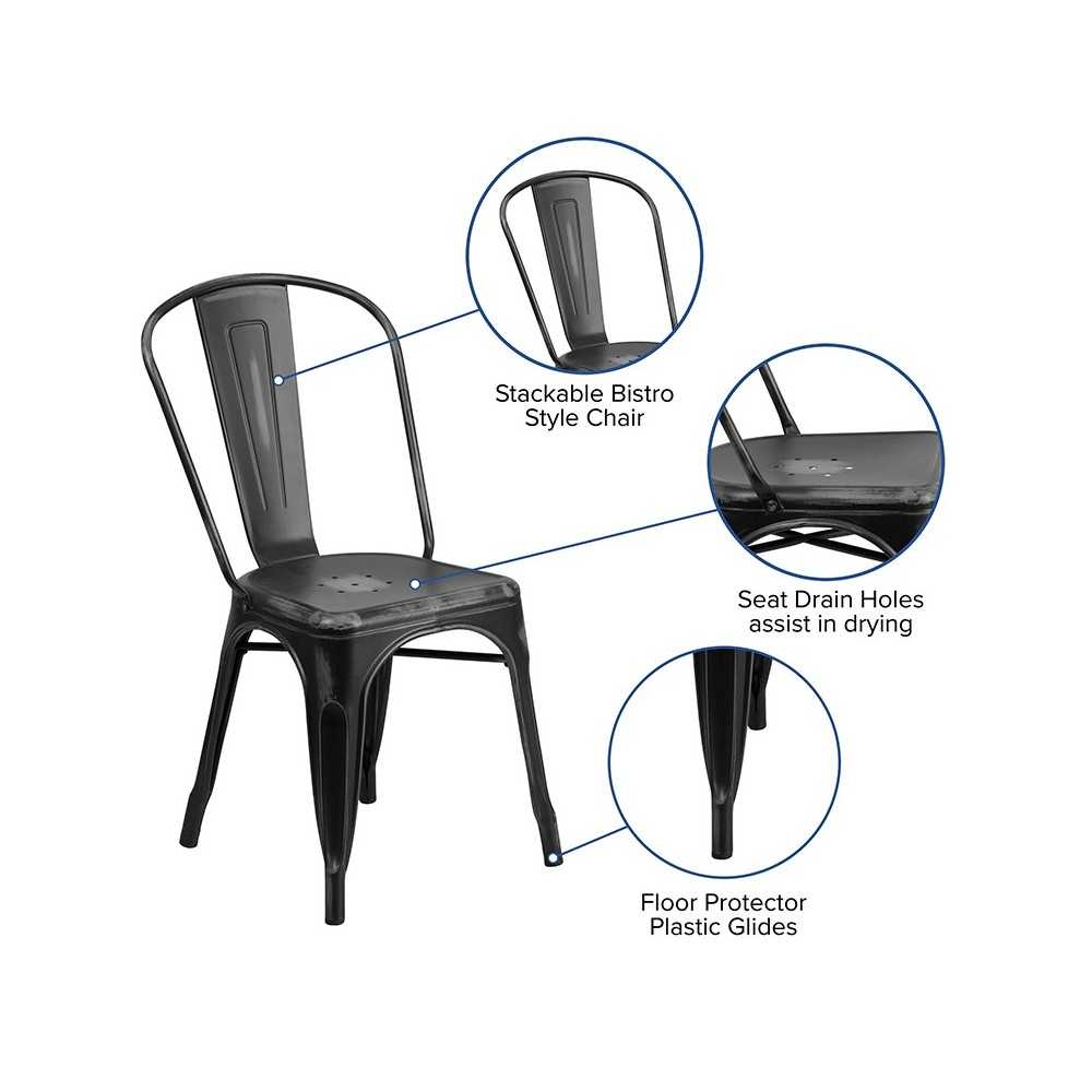 Commercial Grade Distressed Black Metal Indoor-Outdoor Stackable Chair