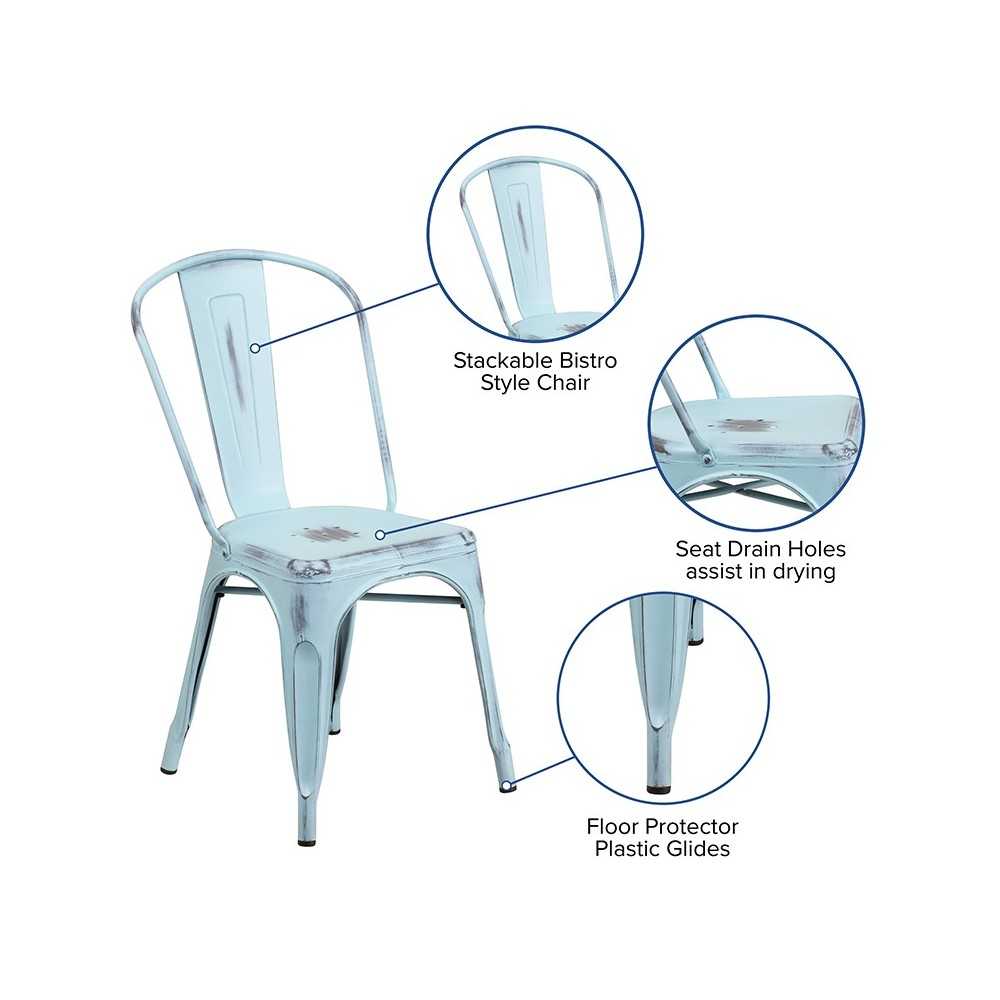 Commercial Grade Distressed Green-Blue Metal Indoor-Outdoor Stackable Chair