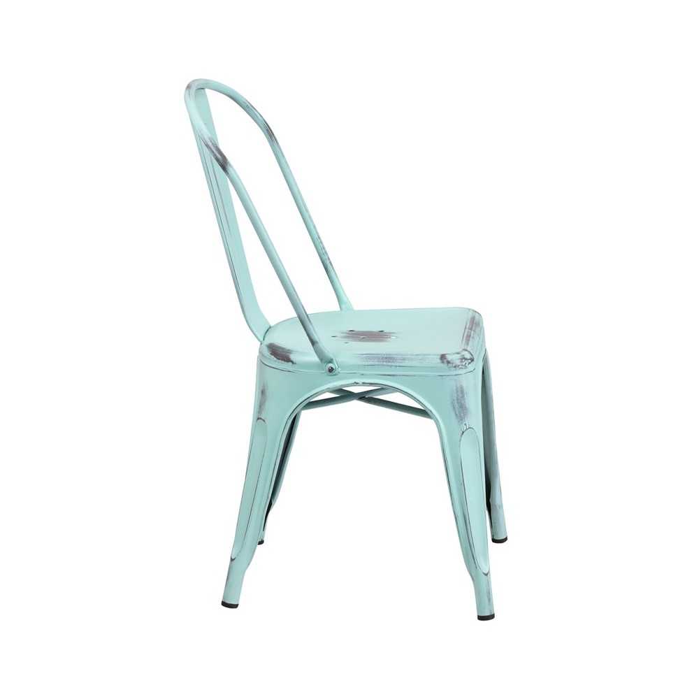Commercial Grade Distressed Green-Blue Metal Indoor-Outdoor Stackable Chair