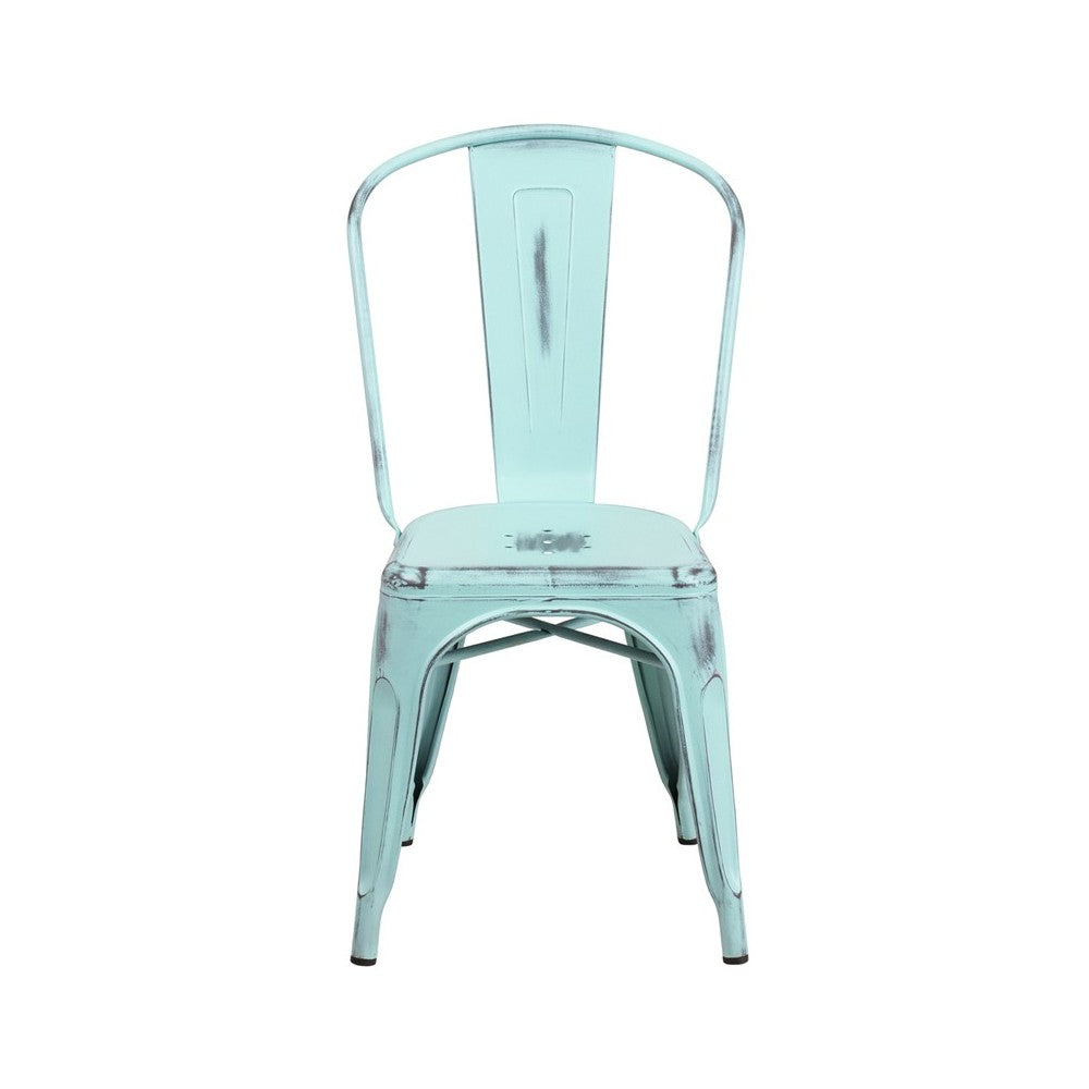 Commercial Grade Distressed Green-Blue Metal Indoor-Outdoor Stackable Chair