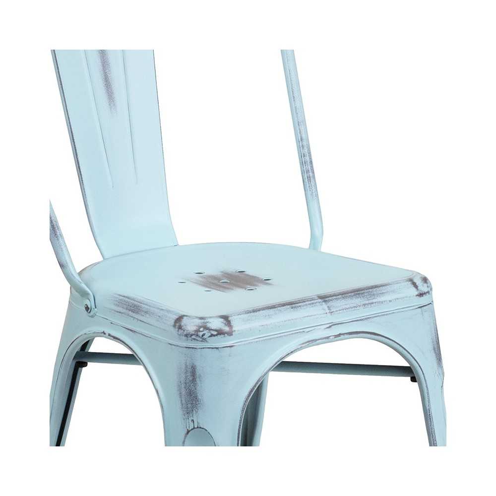 Commercial Grade Distressed Green-Blue Metal Indoor-Outdoor Stackable Chair
