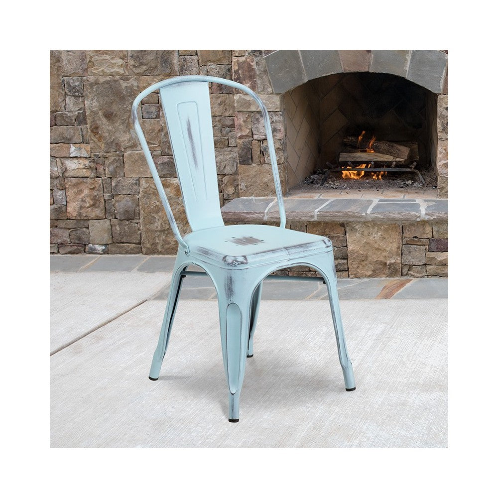 Commercial Grade Distressed Green-Blue Metal Indoor-Outdoor Stackable Chair