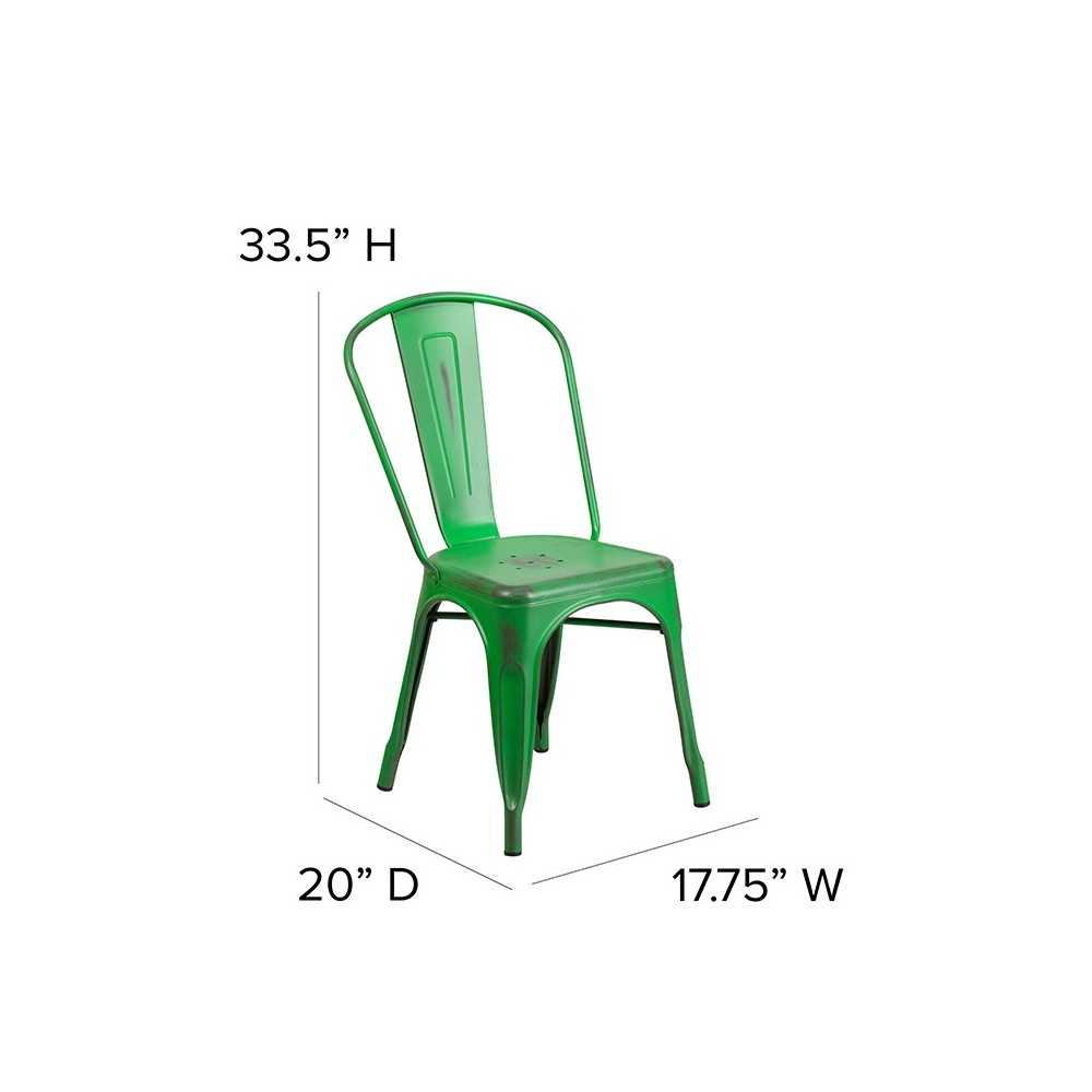Commercial Grade Distressed Green Metal Indoor-Outdoor Stackable Chair