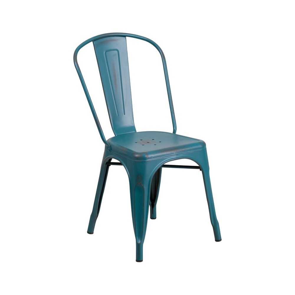 Commercial Grade Distressed Kelly Blue-Teal Metal Indoor-Outdoor Stackable Chair