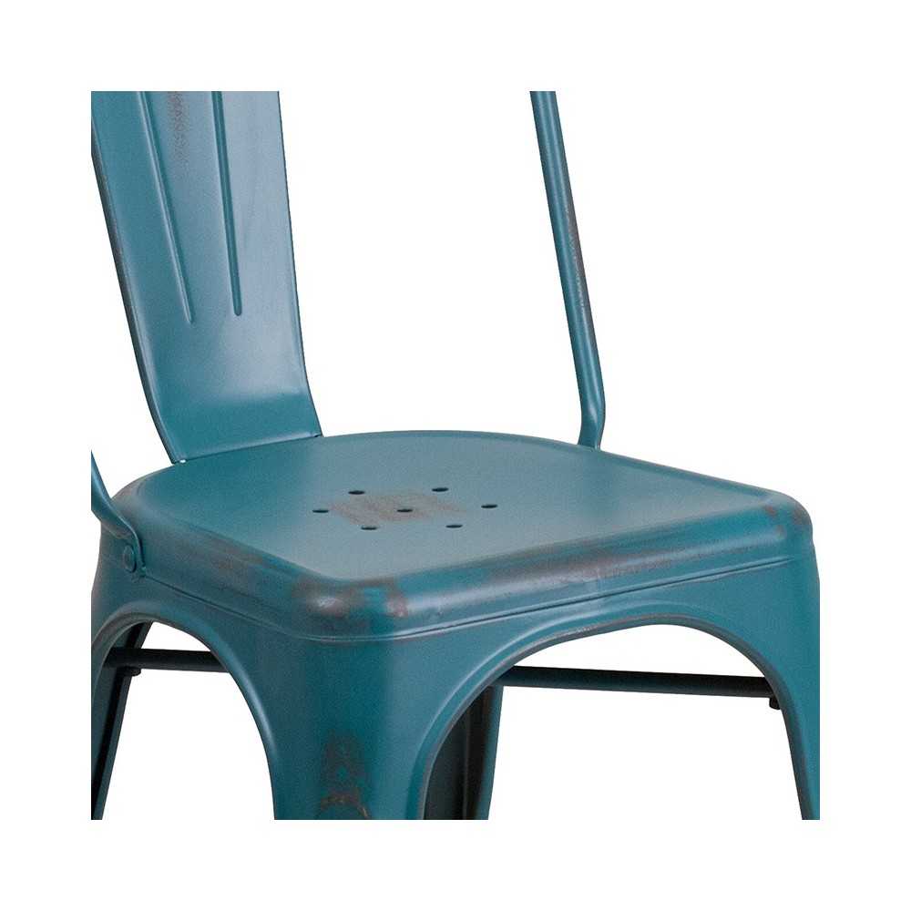 Commercial Grade Distressed Kelly Blue-Teal Metal Indoor-Outdoor Stackable Chair