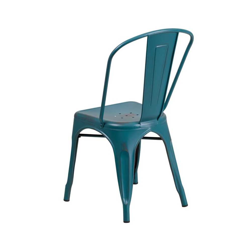 Commercial Grade Distressed Kelly Blue-Teal Metal Indoor-Outdoor Stackable Chair