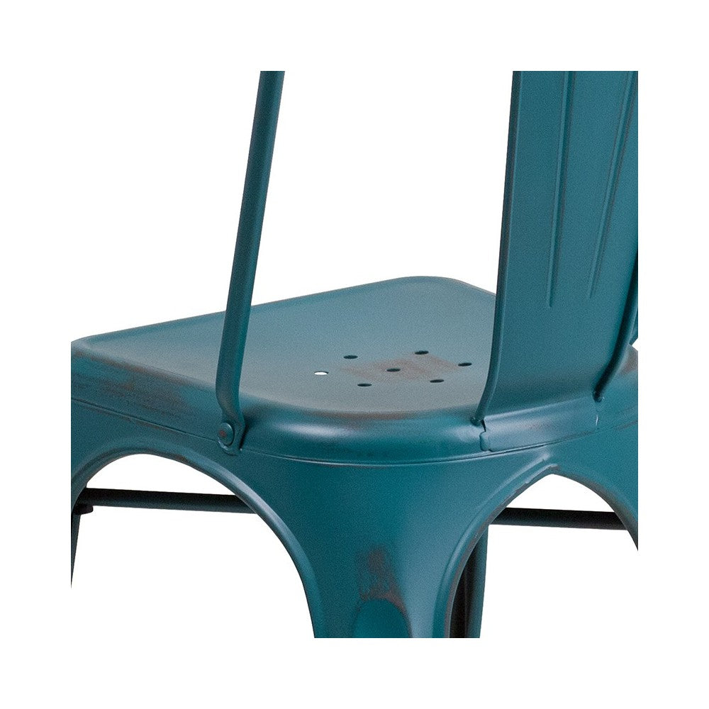 Commercial Grade Distressed Kelly Blue-Teal Metal Indoor-Outdoor Stackable Chair